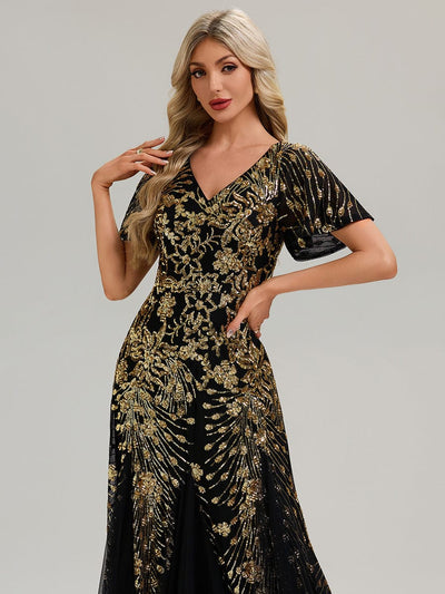 ever ANNIKA| Embroidered Sequin Ruffle Sleeve Evening Dress