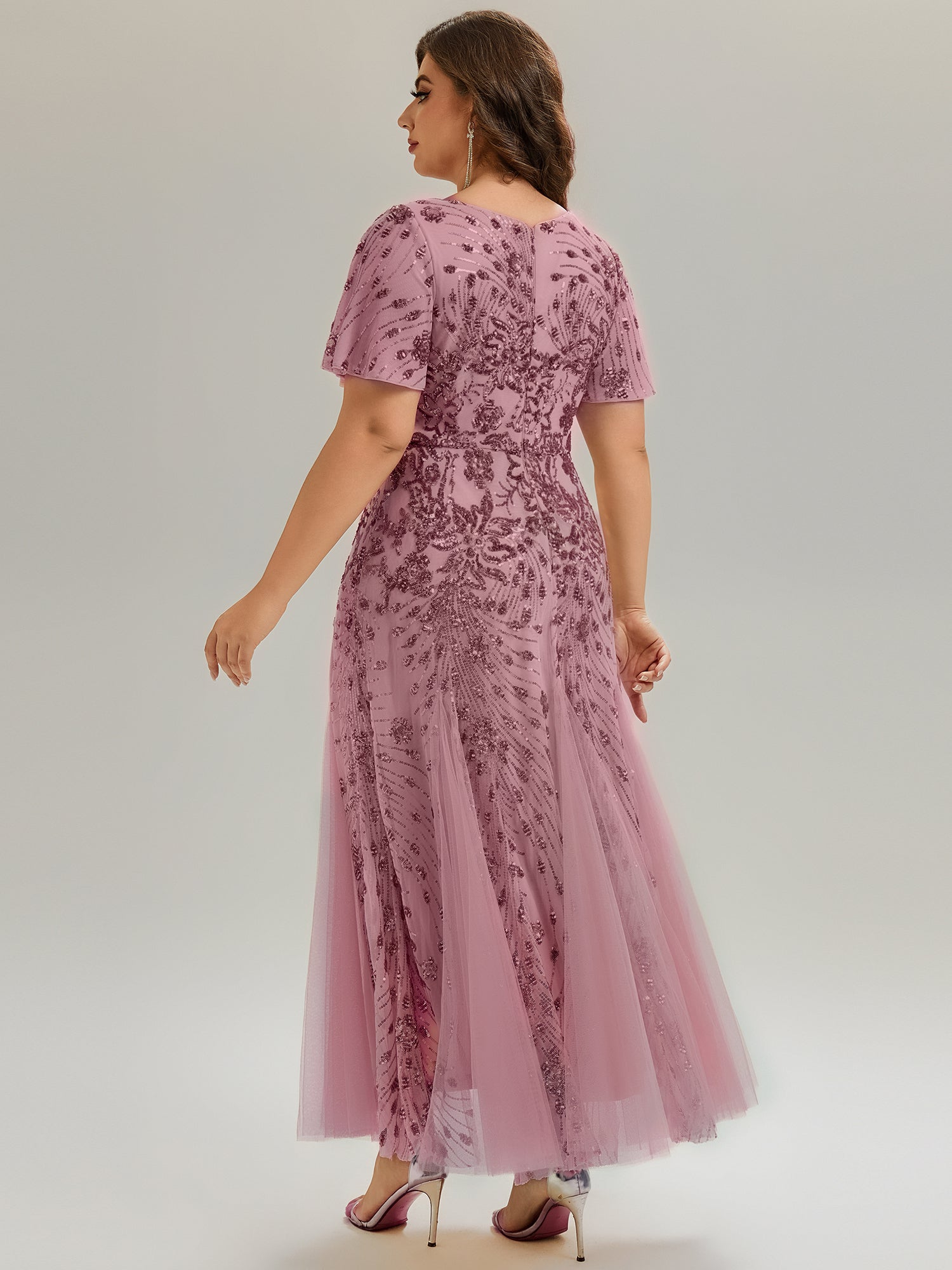 Plus Size Embroidered Sequin Ruffle Sleeve Evening Dress #color_Purple Orchid