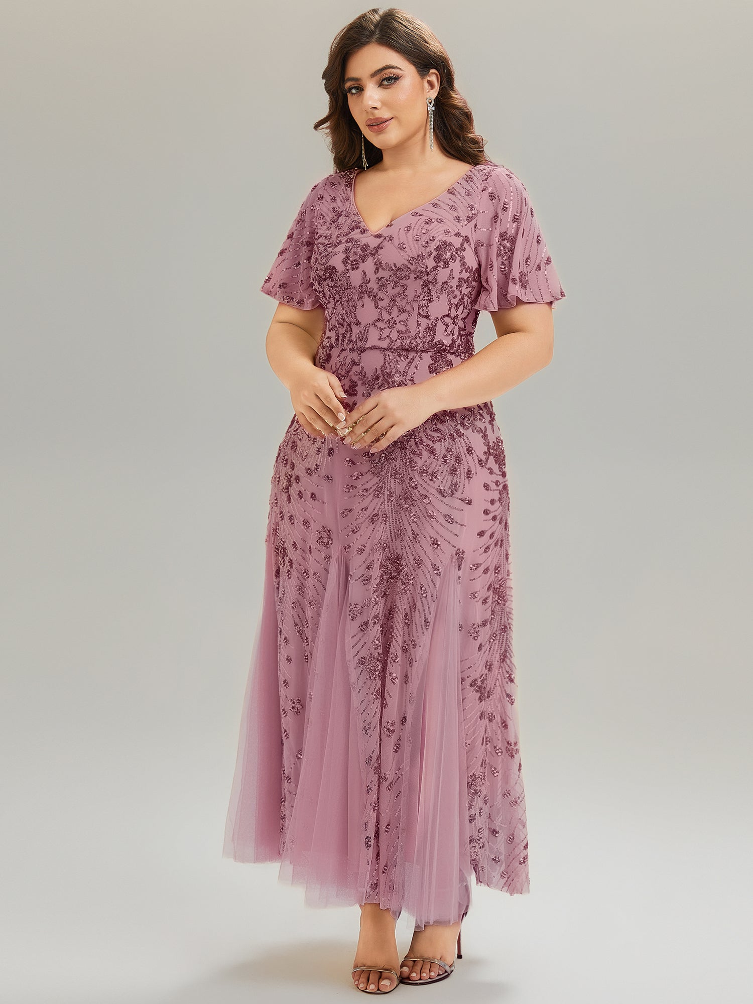 Embroidered Sequin Ruffle Sleeve Evening Dress #color_Purple Orchid