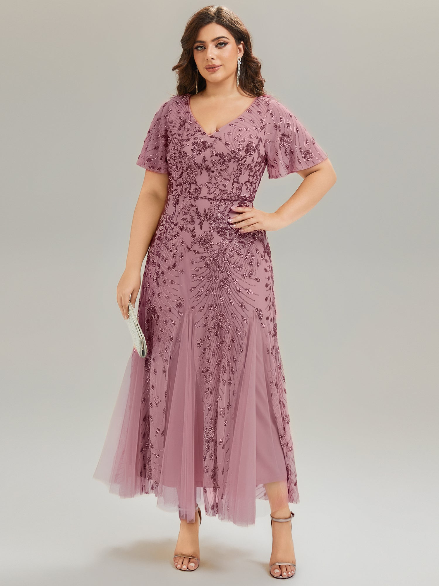 Embroidered Sequin Ruffle Sleeve Evening Dress #color_Purple Orchid