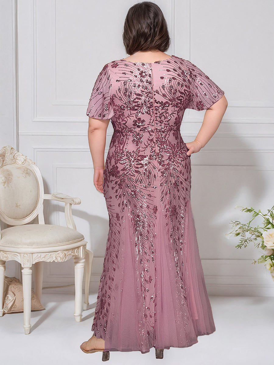 Plus Size Embroidered Sequin Ruffle Sleeve Evening Dress #color_Purple Orchid