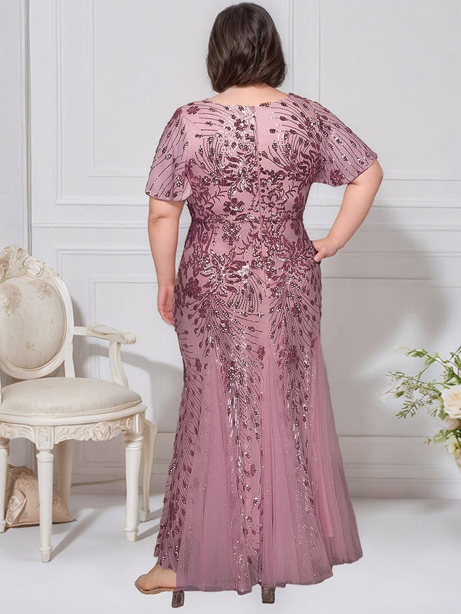 Plus Size Embroidered Sequin Ruffle Sleeve Evening Dress #color_Purple Orchid