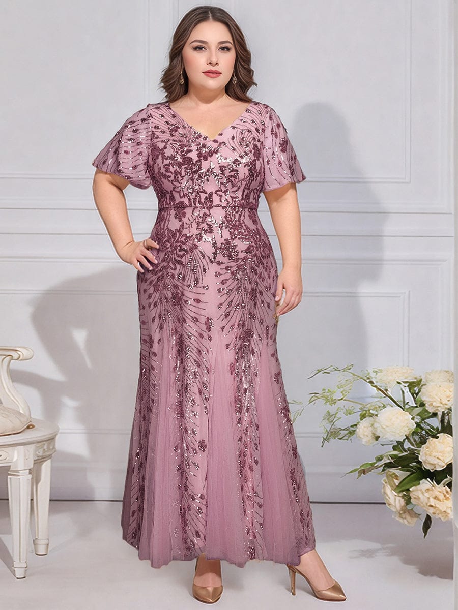 Plus Size Embroidered Sequin Ruffle Sleeve Evening Dress #color_Purple Orchid