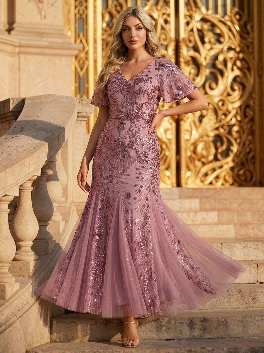 Embroidered Sequin Ruffle Sleeve Evening Dress #color_Purple Orchid