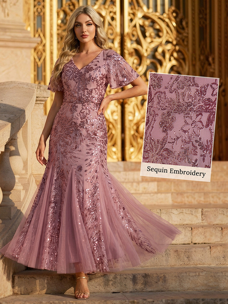 Embroidered Sequin Ruffle Sleeve Evening Dress #color_Purple Orchid