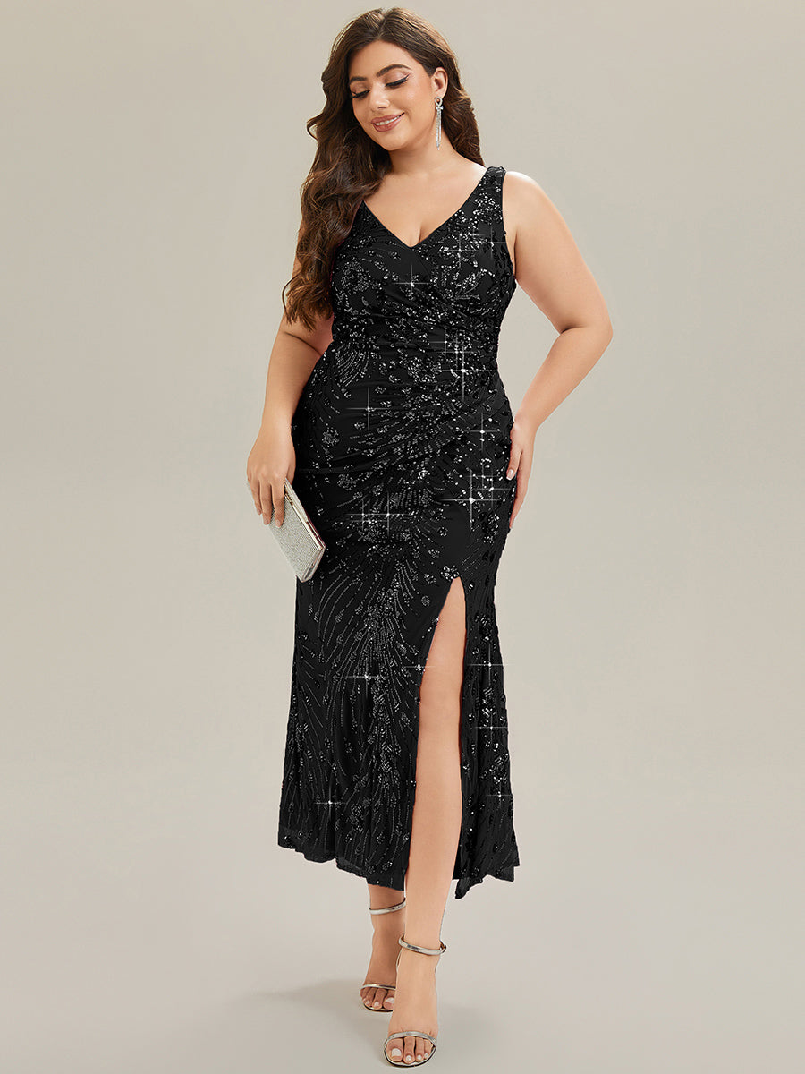 Plus Size Bodycon Sequin Slit Wedding Guest Dress #color_Black