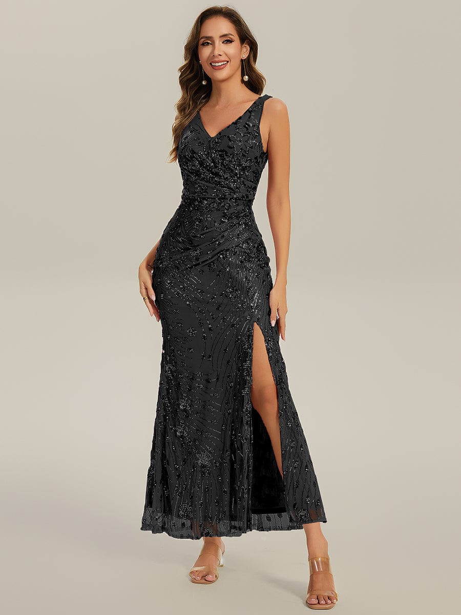 Knotted Sequin Sleeveless Bodycon Evening Dress #color_Black