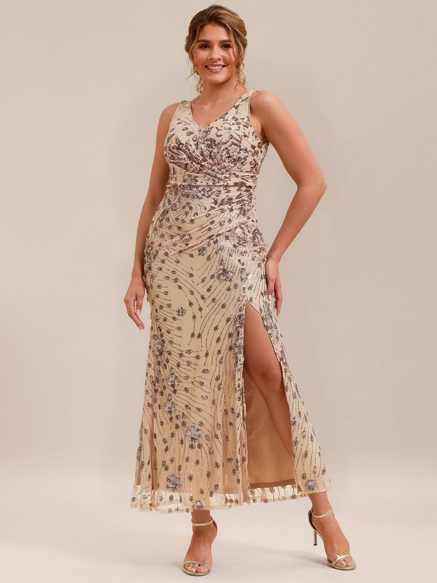 Plus Size Knotted Sequin Evening Dress #color_Gold