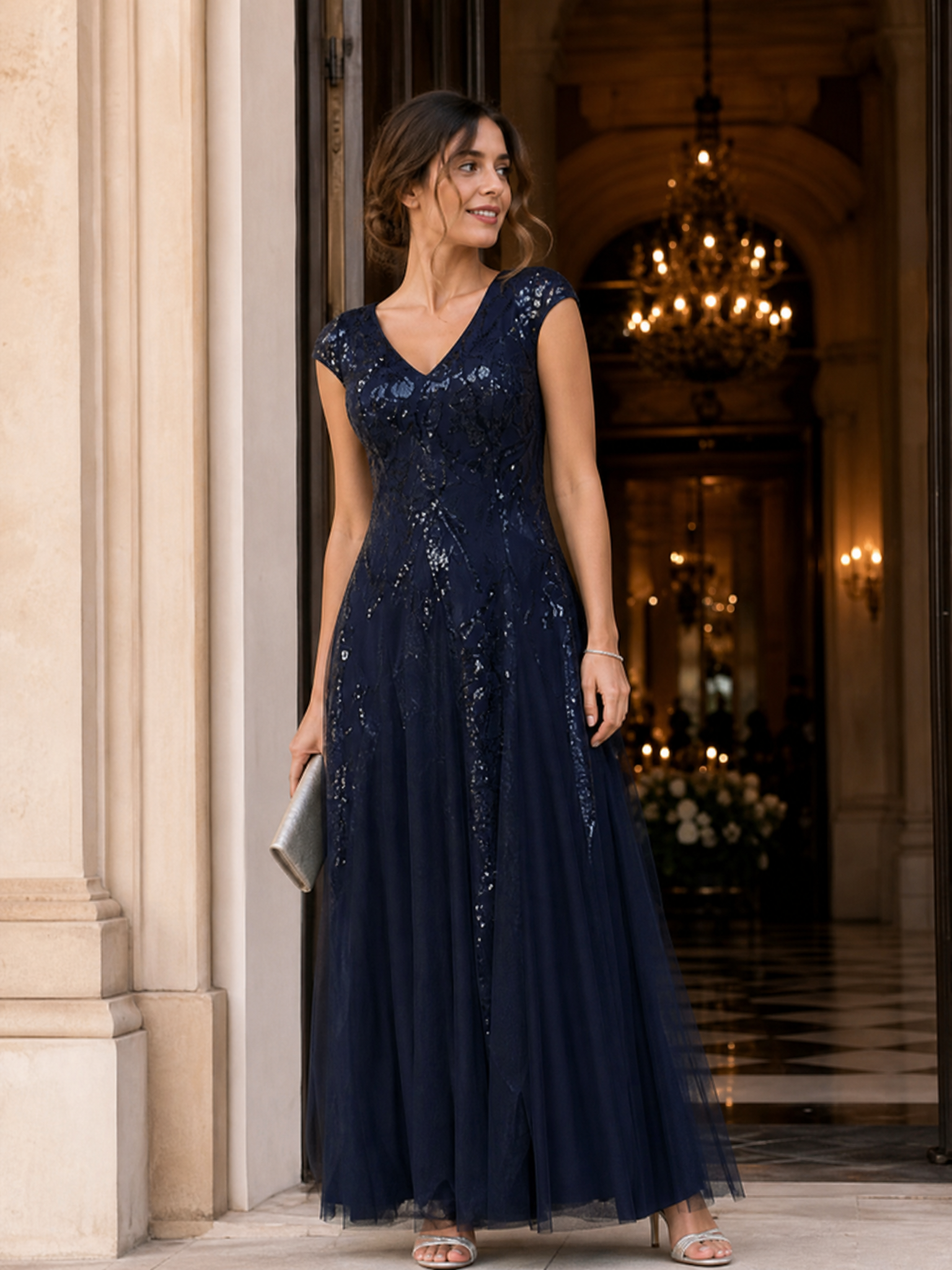 Plus Size Glitter High Stretch Cap Sleeve Tulle Mother of the Bride Dress #color_Navy Blue