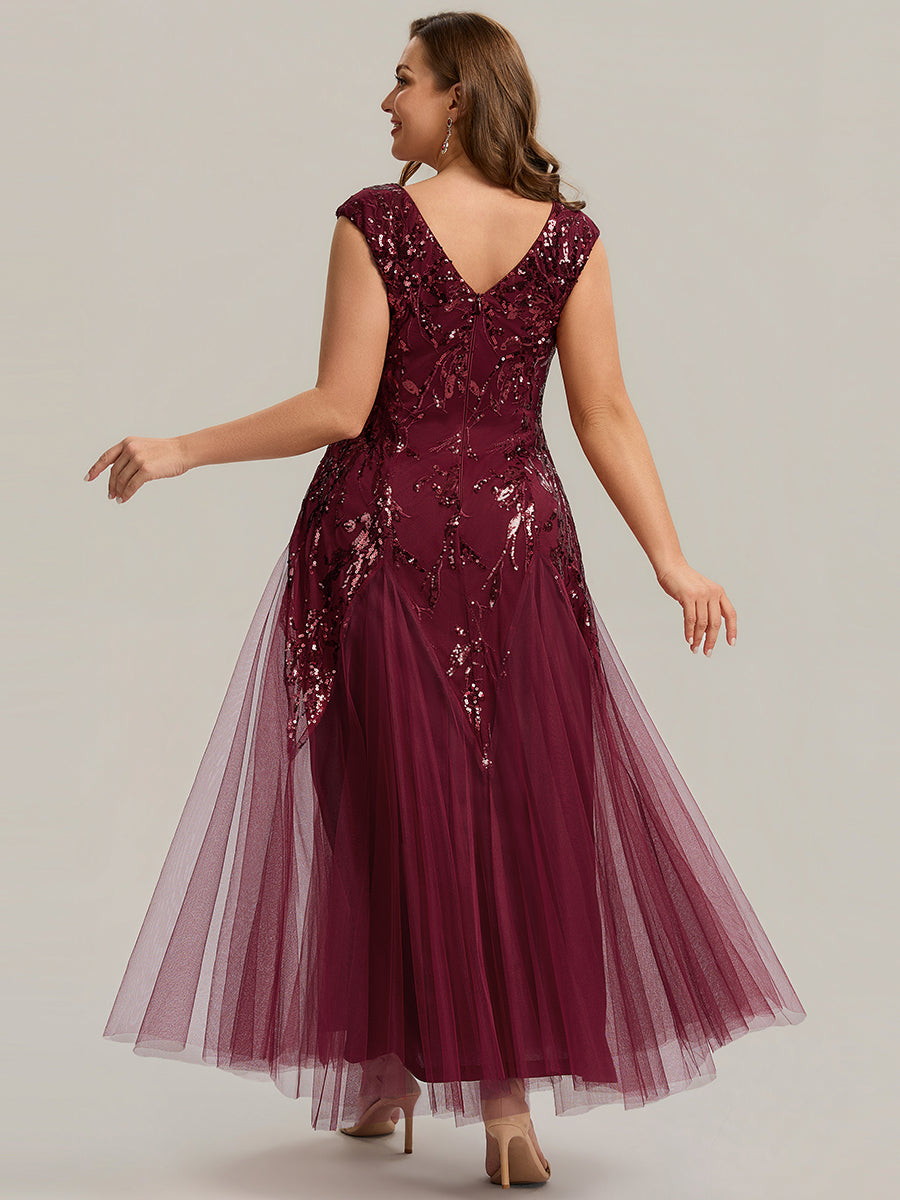 Plus Size Glitter High Stretch Cap Sleeve Tulle Mother of the Bride Dress #color_Burgundy