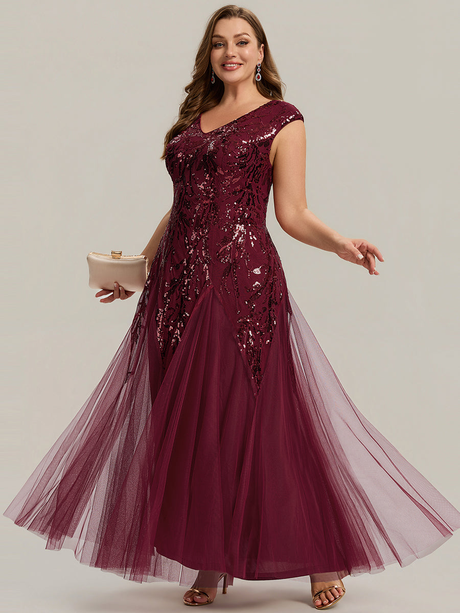 Plus Size Glitter High Stretch Cap Sleeve Tulle Mother of the Bride Dress #color_Burgundy
