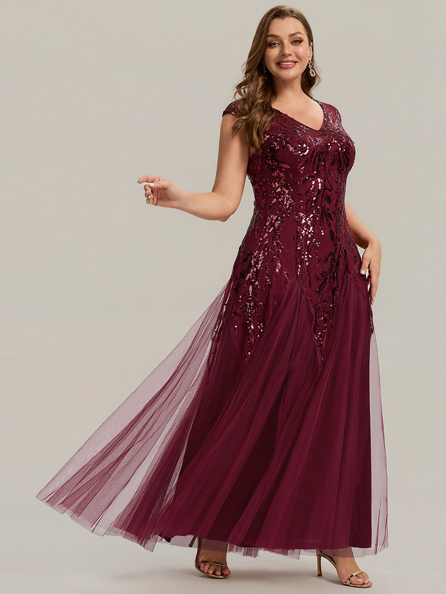 Glitter Embroidered Cap Sleeve High Stretch Mother of the Bride Dress #color_Burgundy