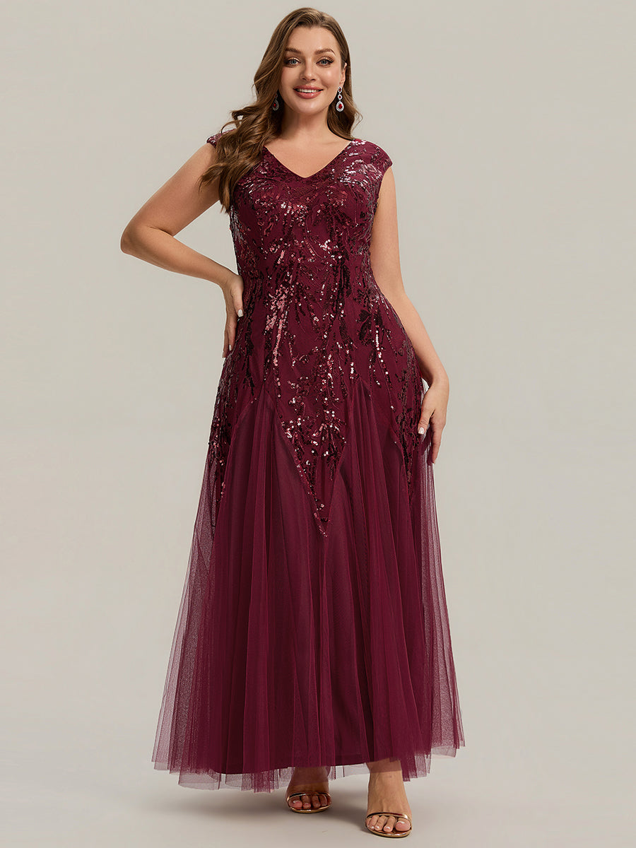 Plus Size Glitter High Stretch Cap Sleeve Tulle Mother of the Bride Dress #color_Burgundy