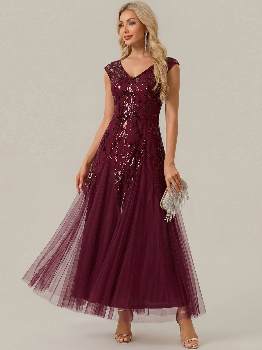 Glitter Embroidered Cap Sleeve High Stretch Mother of the Bride Dress #color_Burgundy