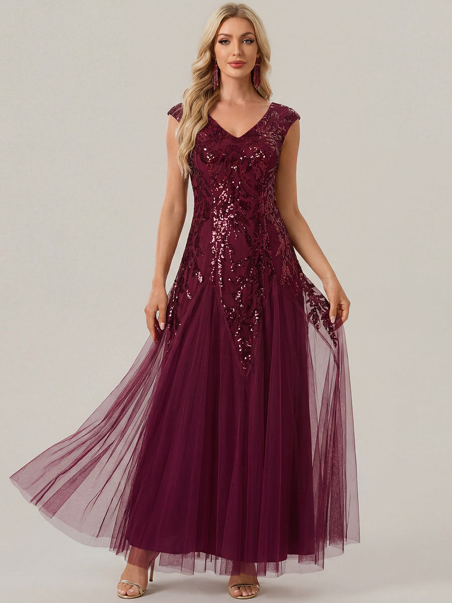 Glitter Embroidered Cap Sleeve High Stretch Mother of the Bride Dress #color_Burgundy