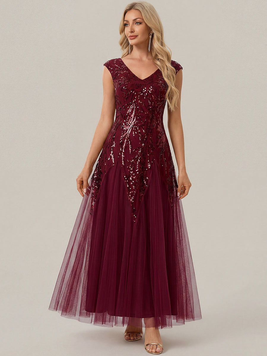 Glitter Embroidered Cap Sleeve High Stretch Mother of the Bride Dress #color_Burgundy