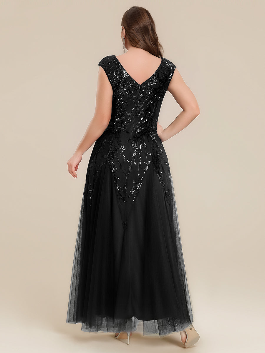 Embroidered Sequin Cap Sleeve Evening Dress #color_Black