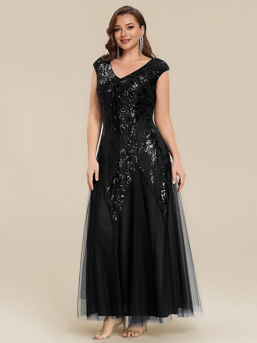 Plus Size Glitter High Stretch Cap Sleeve Tulle Mother of the Bride Dress #color_Black