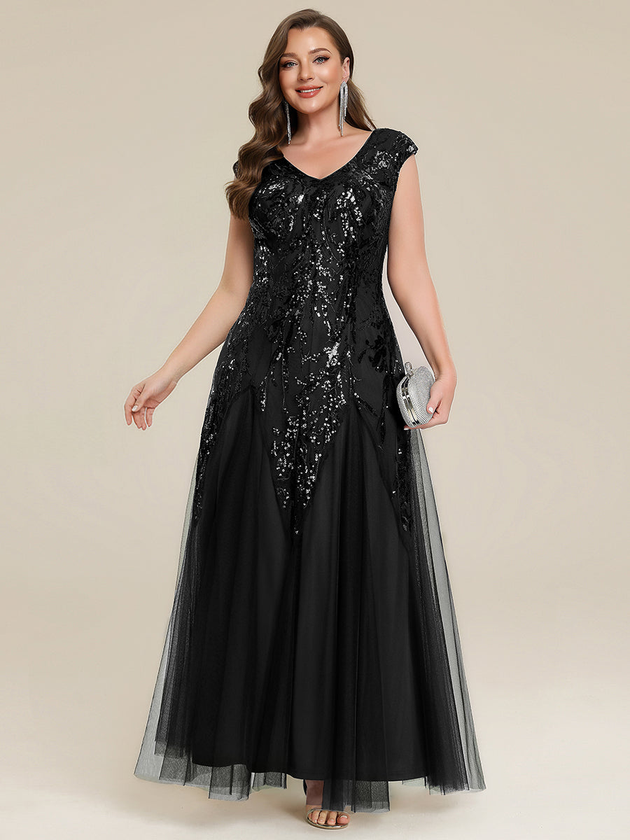 Plus Size Sequin V Neck Cap Sleeve Tulle Formal Evening Dress #color_Black