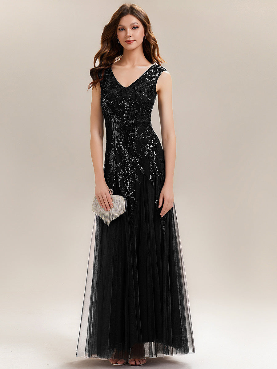 Glitter Embroidered Cap Sleeve High Stretch Mother of the Bride Dress #color_Black