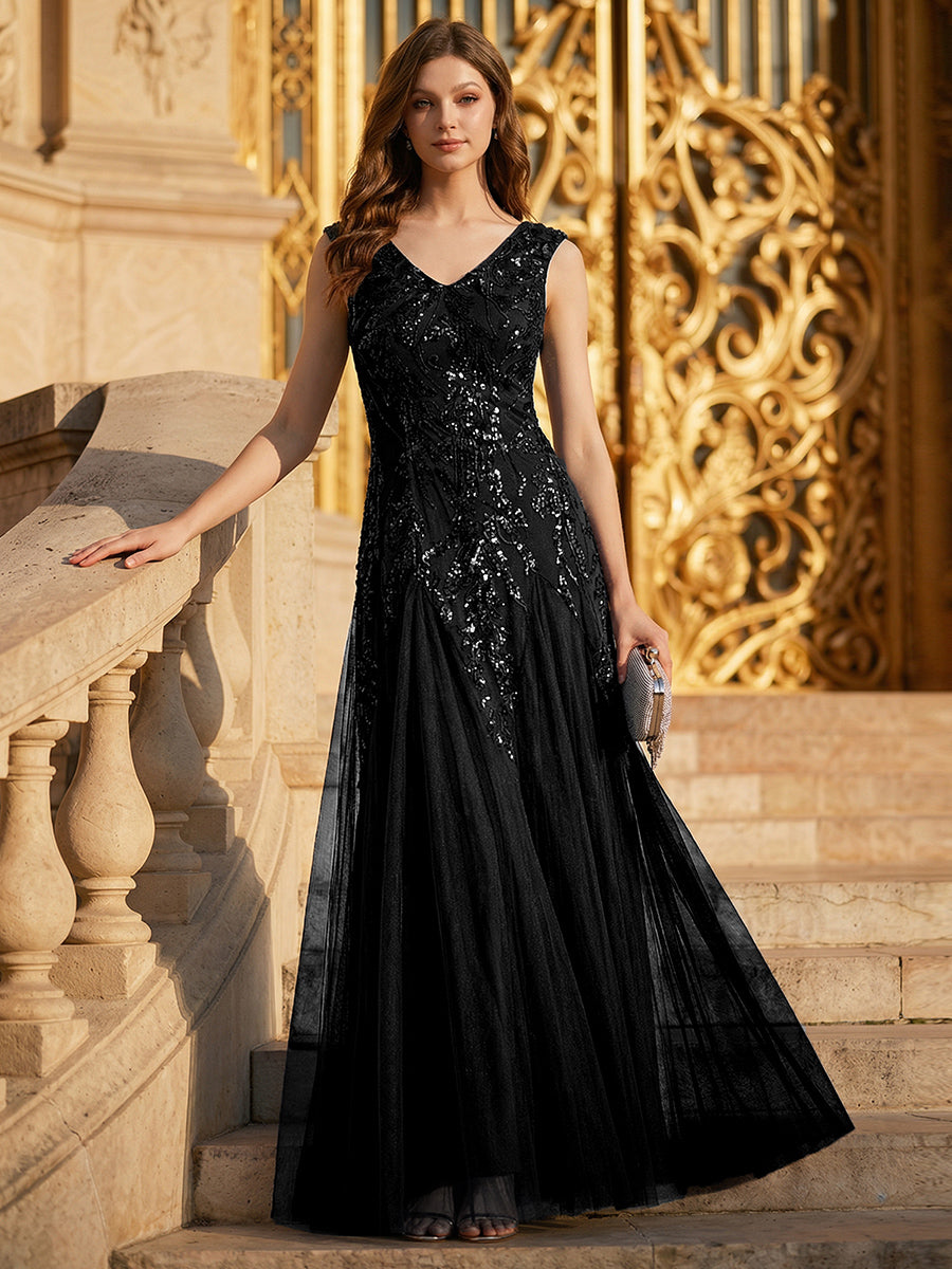 Embroidered Sequin Cap Sleeve Evening Dress #color_Black