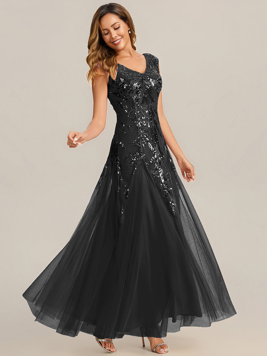 Glitter Embroidered Cap Sleeve High Stretch Mother of the Bride Dress #color_Black