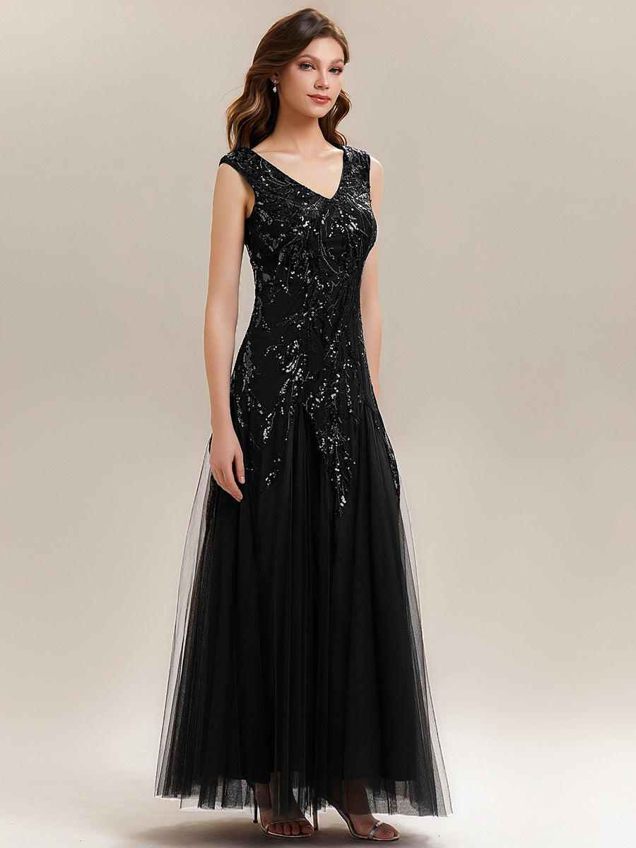 Embroidered Sequin Cap Sleeve Evening Dress #color_Black