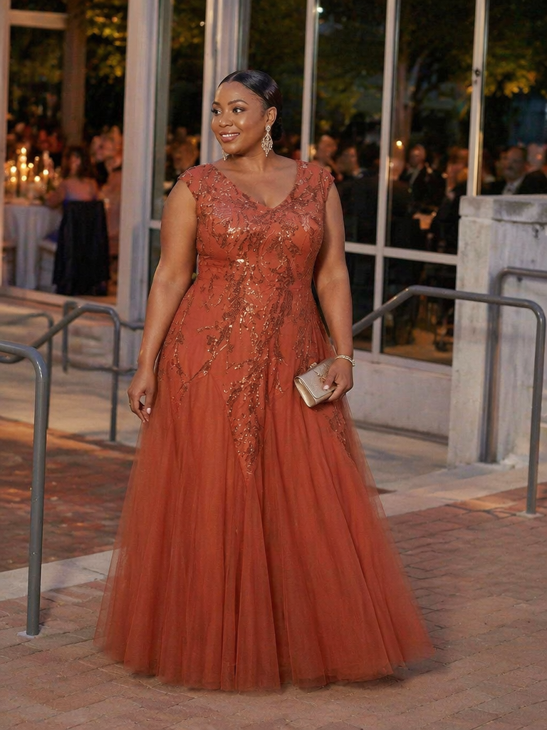 Plus Size Glitter High Stretch Cap Sleeve Tulle Mother of the Bride Dress #color_Burnt Orange
