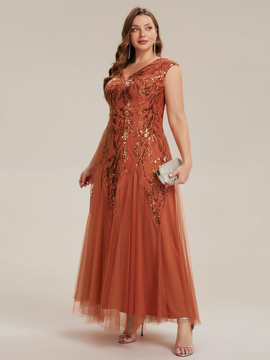 Glitter Embroidered Cap Sleeve High Stretch Mother of the Bride Dress #color_Burnt Orange