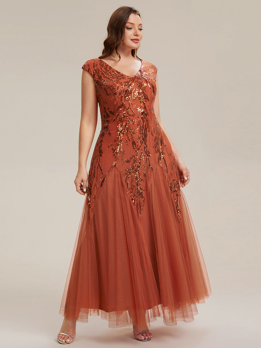Plus Size Glitter High Stretch Cap Sleeve Tulle Mother of the Bride Dress #color_Burnt Orange