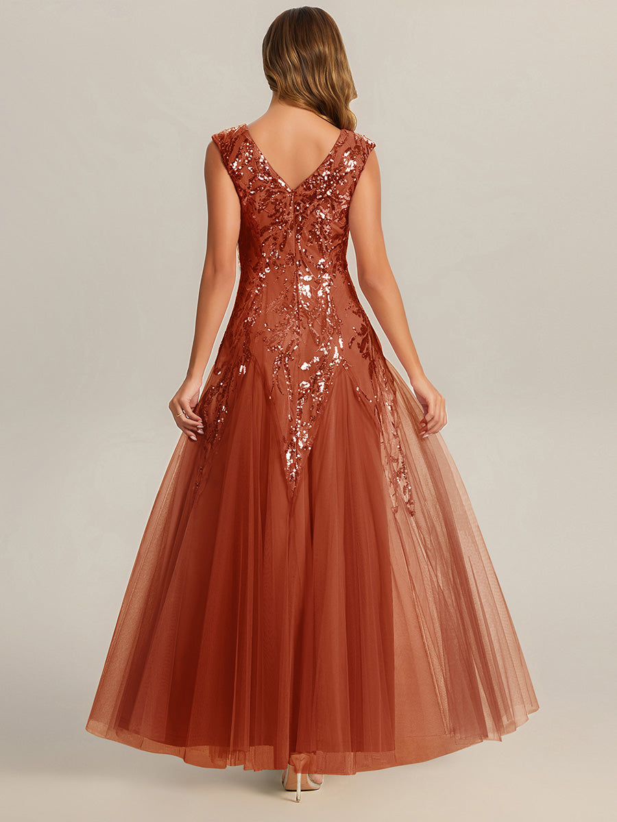 Glitter Embroidered Cap Sleeve High Stretch Mother of the Bride Dress #color_Burnt Orange