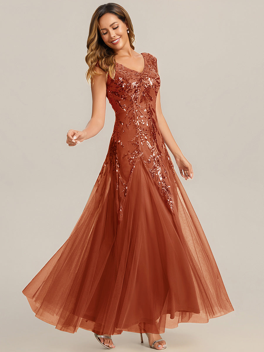 Glitter Embroidered Cap Sleeve High Stretch Mother of the Bride Dress #color_Burnt Orange