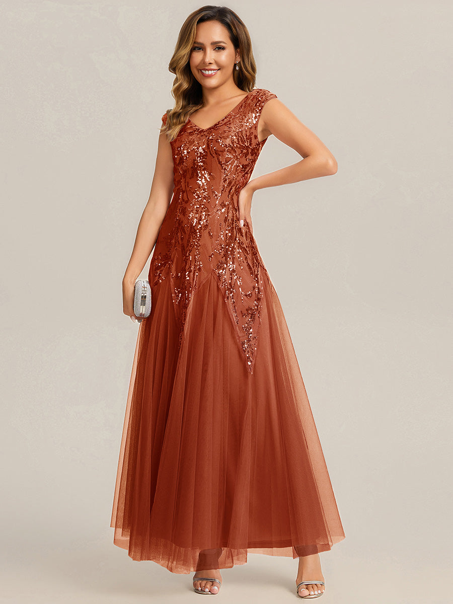 Glitter Embroidered Cap Sleeve High Stretch Mother of the Bride Dress #color_Burnt Orange