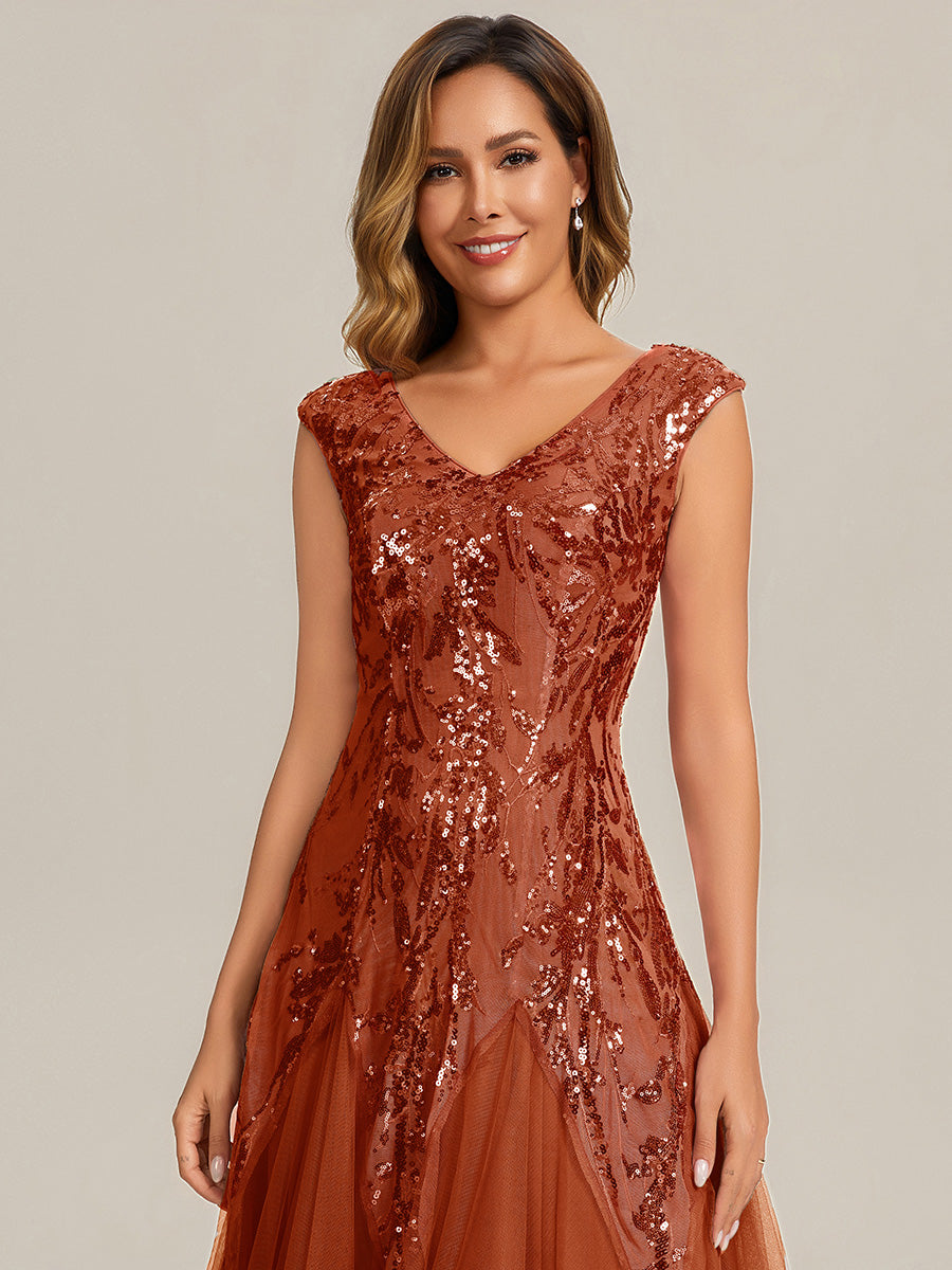 Glitter Embroidered Cap Sleeve High Stretch Mother of the Bride Dress #color_Burnt Orange