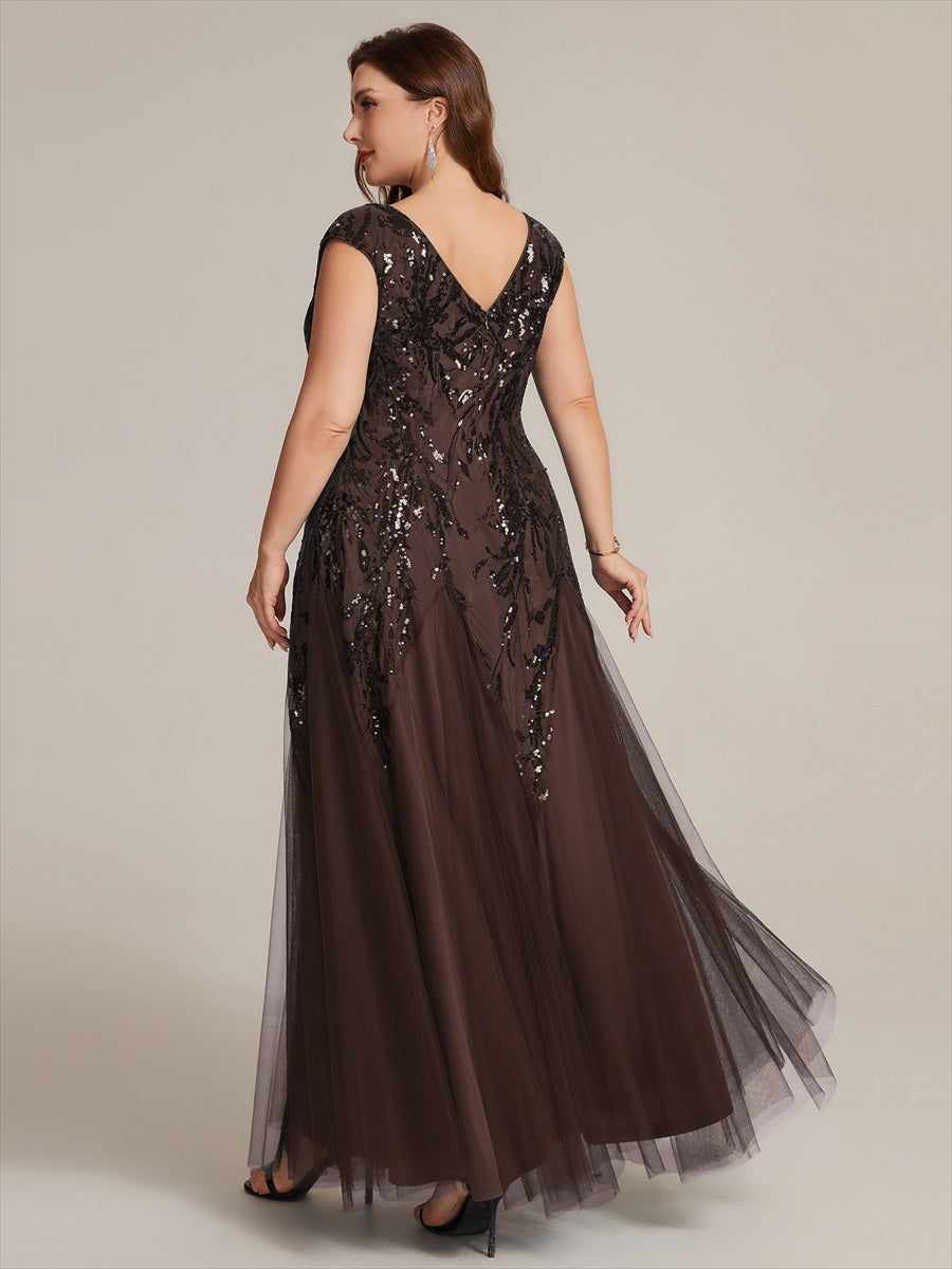 Glitter Embroidered Cap Sleeve High Stretch Mother of the Bride Dress #color_Chocolate brown