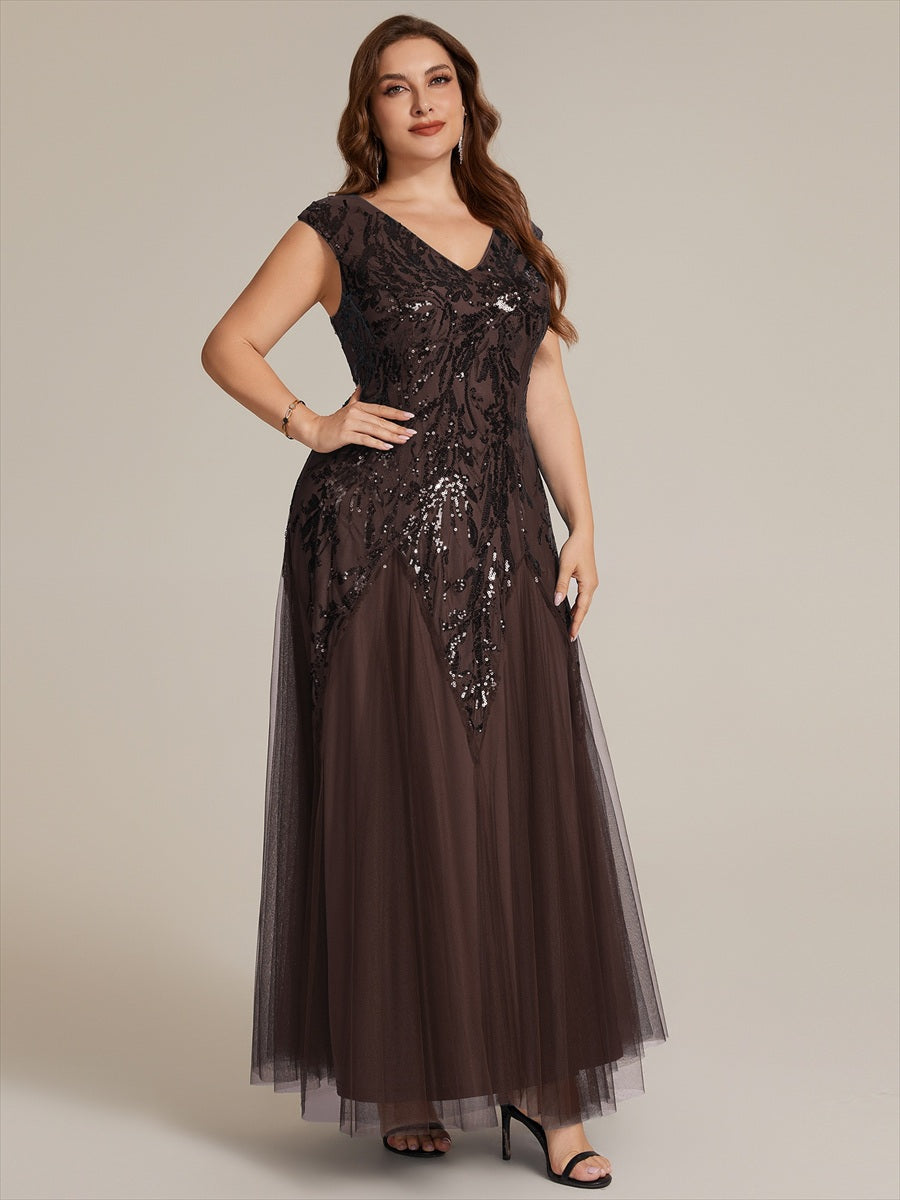 Glitter Embroidered Cap Sleeve High Stretch Mother of the Bride Dress #color_Chocolate brown