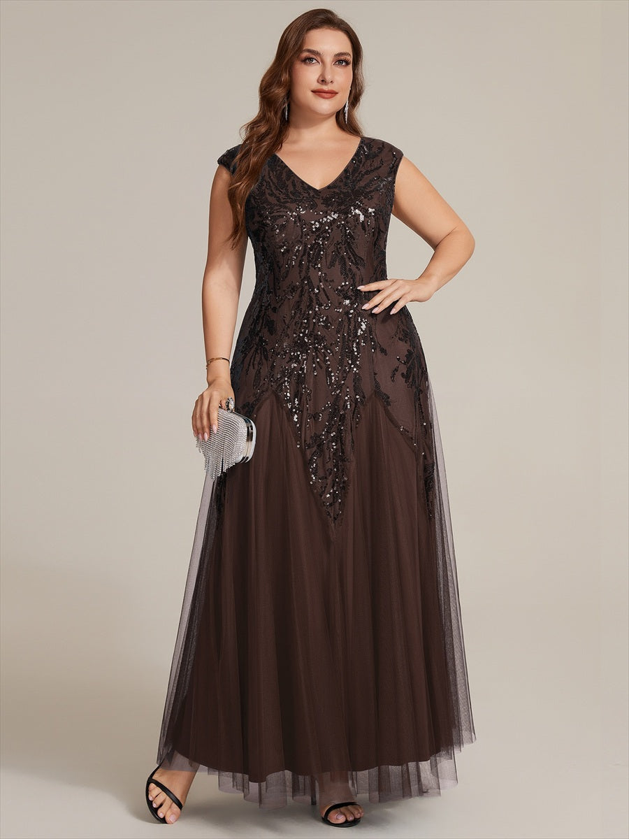 Plus Size Glitter High Stretch Cap Sleeve Tulle Mother of the Bride Dress #color_Chocolate brown