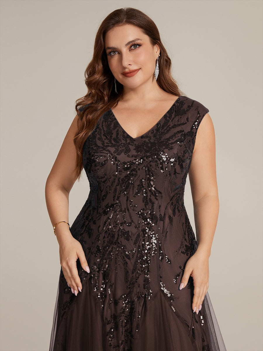 Plus Size Glitter High Stretch Cap Sleeve Tulle Mother of the Bride Dress #color_Chocolate brown