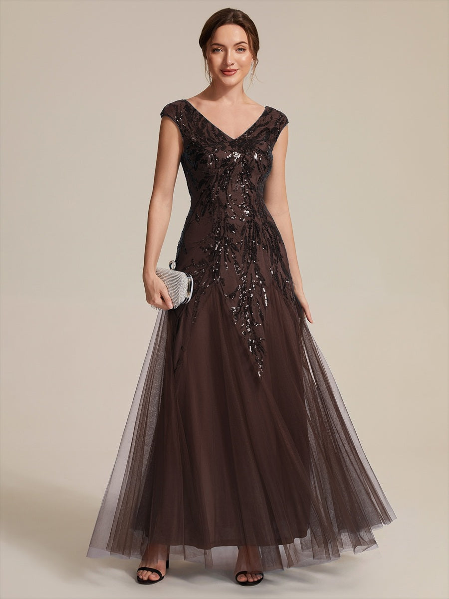 Glitter Embroidered Cap Sleeve High Stretch Mother of the Bride Dress #color_Chocolate brown