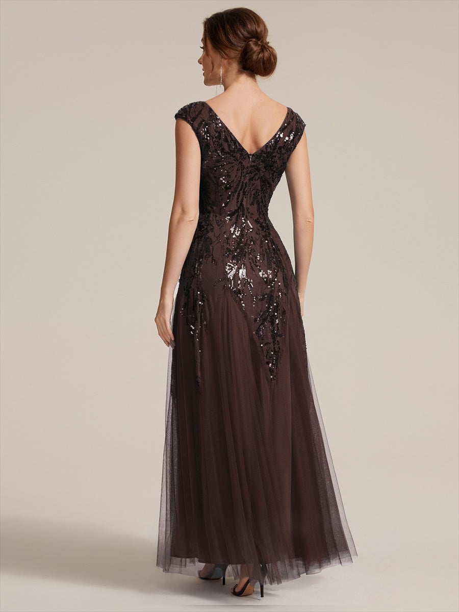 Glitter Embroidered Cap Sleeve High Stretch Mother of the Bride Dress #color_Chocolate brown