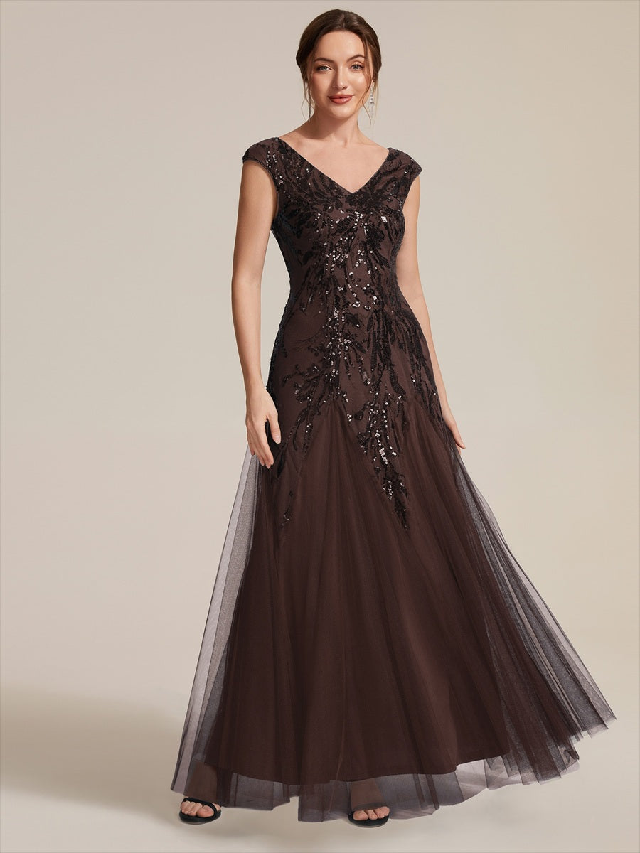 Glitter Embroidered Cap Sleeve High Stretch Mother of the Bride Dress #color_Chocolate brown