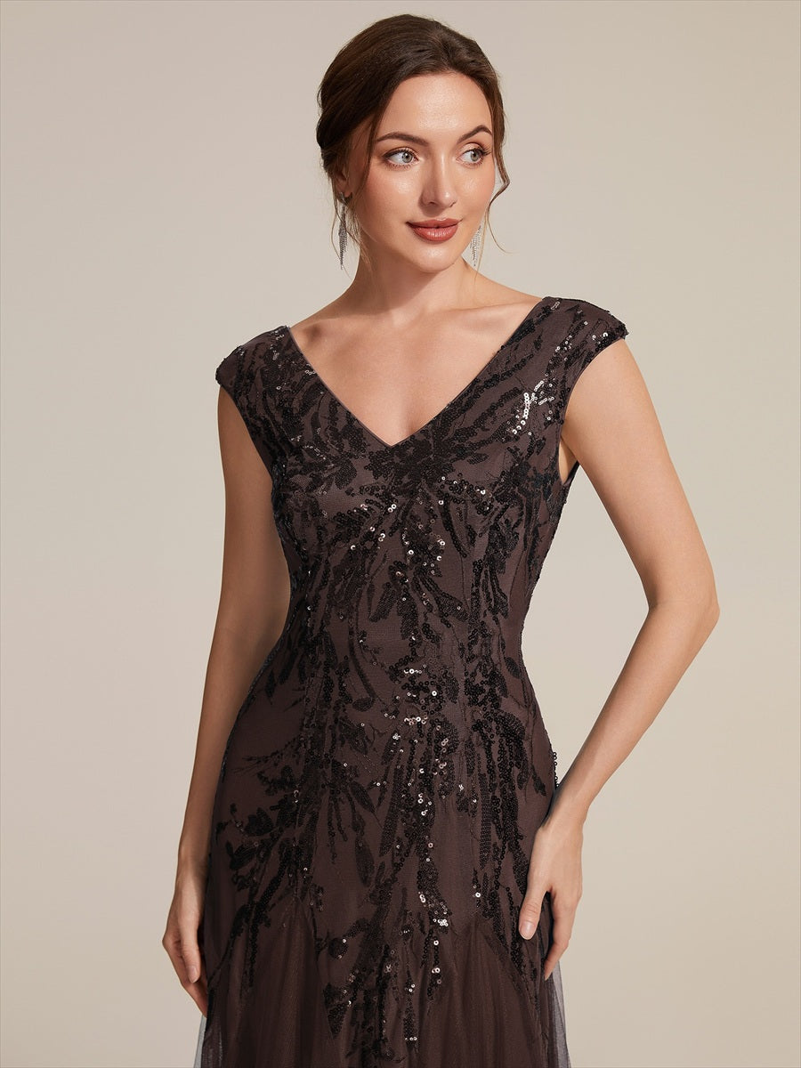 Glitter Embroidered Cap Sleeve High Stretch Mother of the Bride Dress #color_Chocolate brown