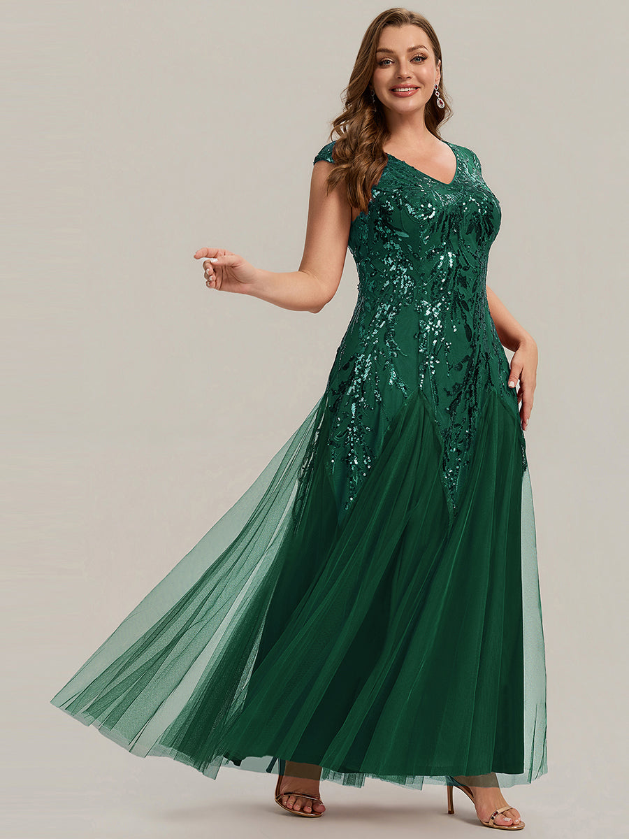 Plus Size Glitter High Stretch Cap Sleeve Tulle Mother of the Bride Dress #color_Dark Green