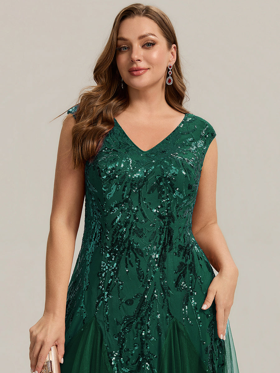 Glitter Embroidered Cap Sleeve High Stretch Mother of the Bride Dress #color_Dark Green