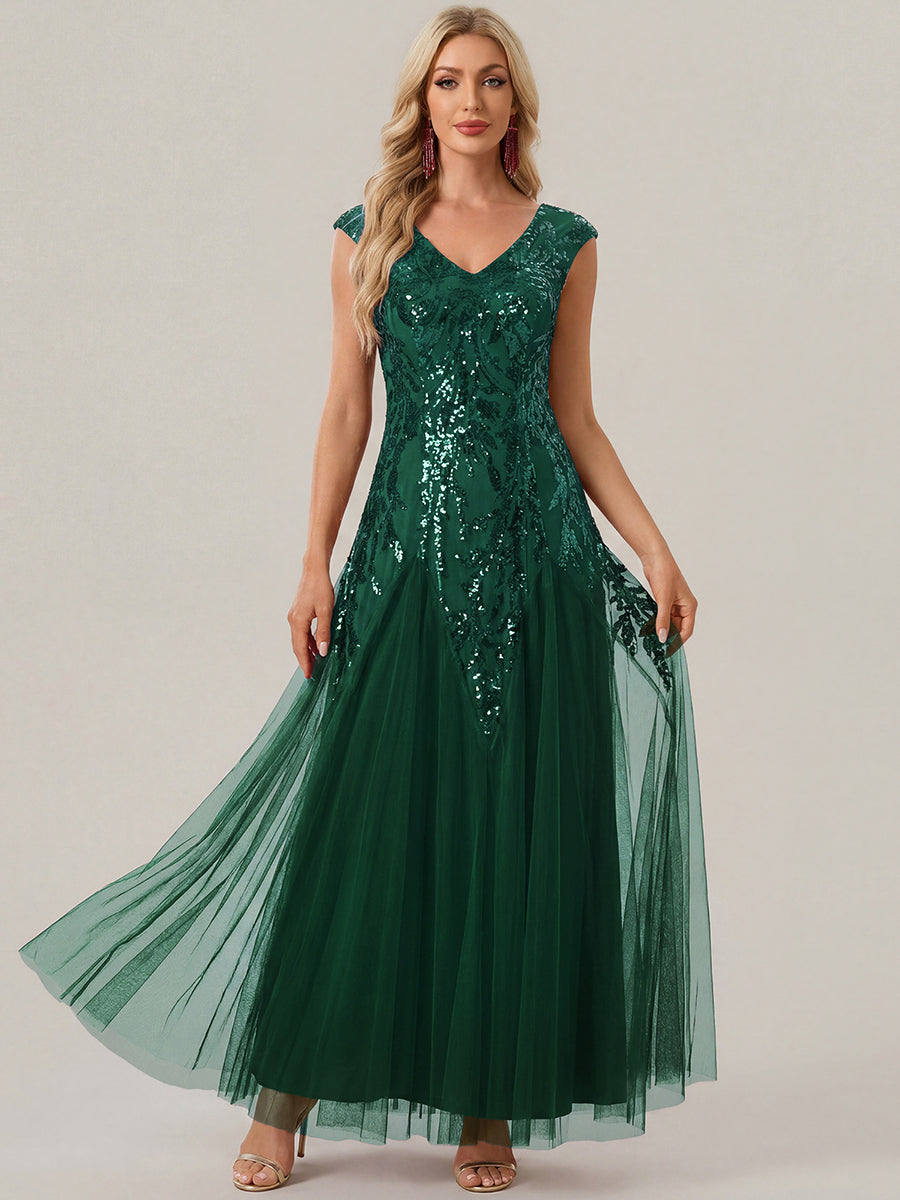 Glitter Embroidered Cap Sleeve High Stretch Mother of the Bride Dress #color_Dark Green