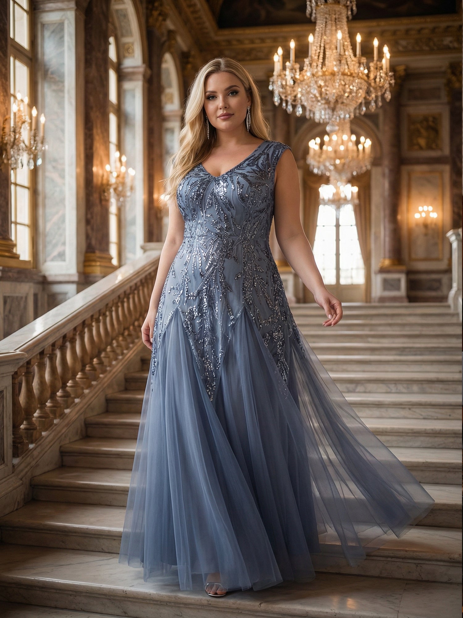 Glitter Embroidered Cap Sleeve High Stretch Mother of the Bride Dress #color_Dusty Blue