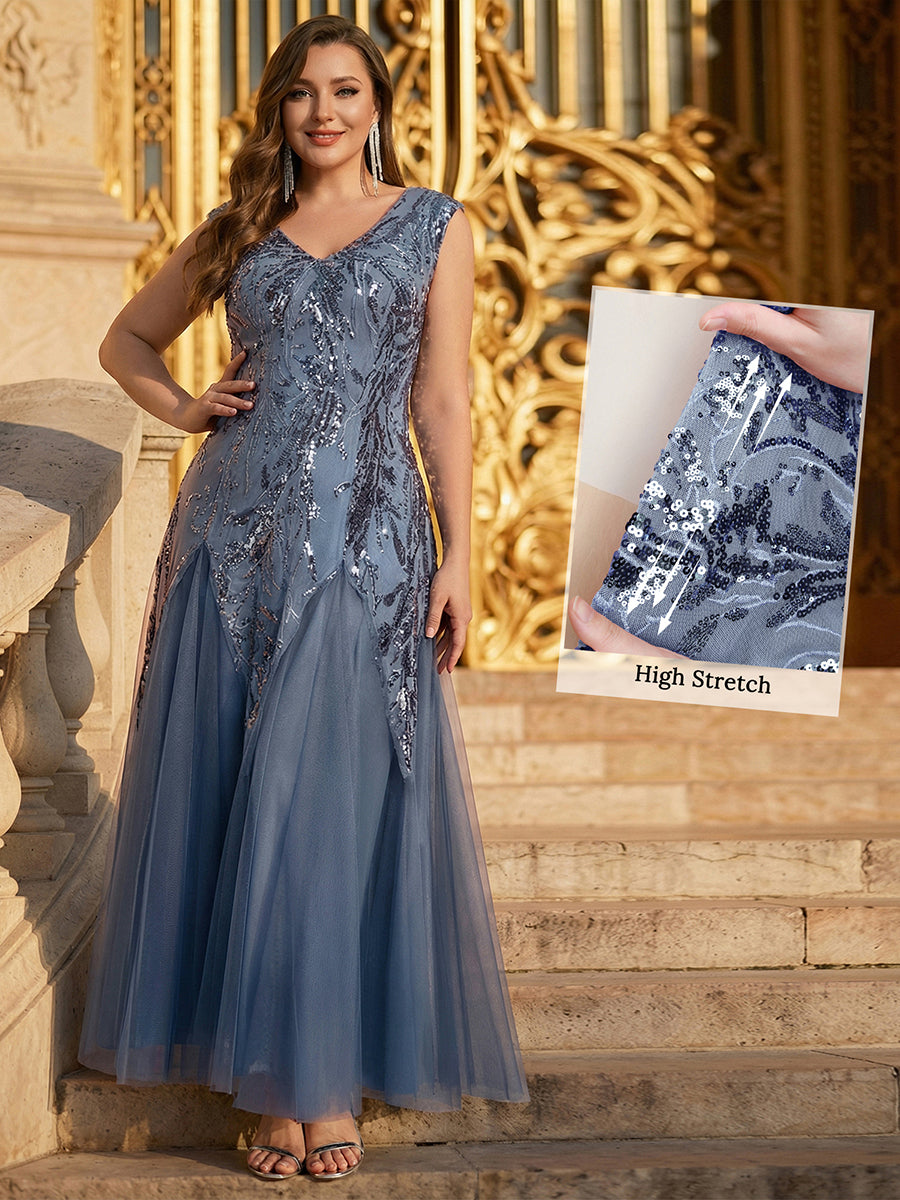 Glitter Embroidered Cap Sleeve High Stretch Mother of the Bride Dress #color_Dusty Blue