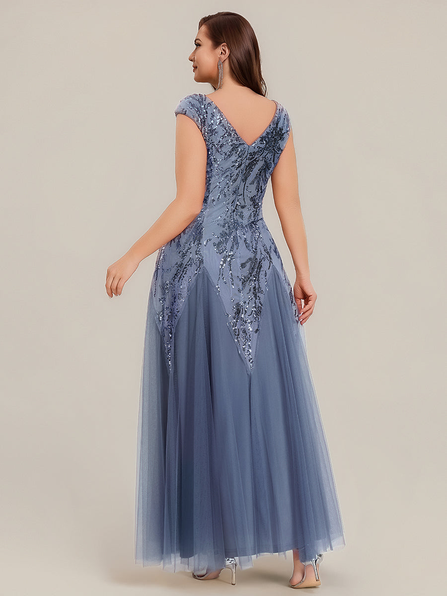 Plus Size Sequin V Neck Cap Sleeve Tulle Formal Evening Dress #color_Dusty Blue