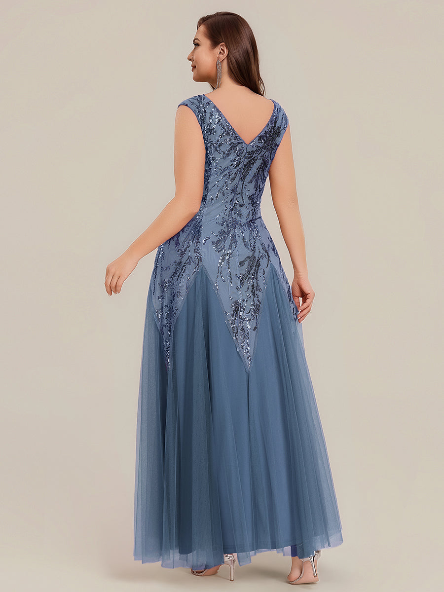 Plus Size Glitter High Stretch Cap Sleeve Tulle Mother of the Bride Dress #color_Dusty Blue