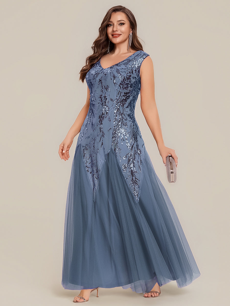 Plus Size Glitter High Stretch Cap Sleeve Tulle Mother of the Bride Dress #color_Dusty Blue